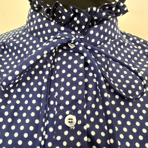 70’s Vintage Navy Polka Dot Button-Up Tie-at-Neck Blouse - Picture 3 of 11